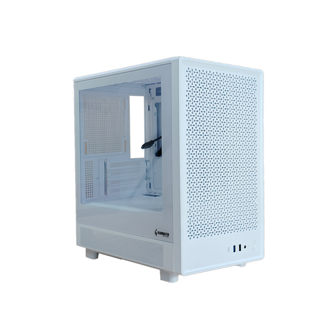 Boîtier PC GEARMASTER GM22 blanc, format ATX/Micro-ATX, design minimaliste avec façade mesh – Disponible en Algérie