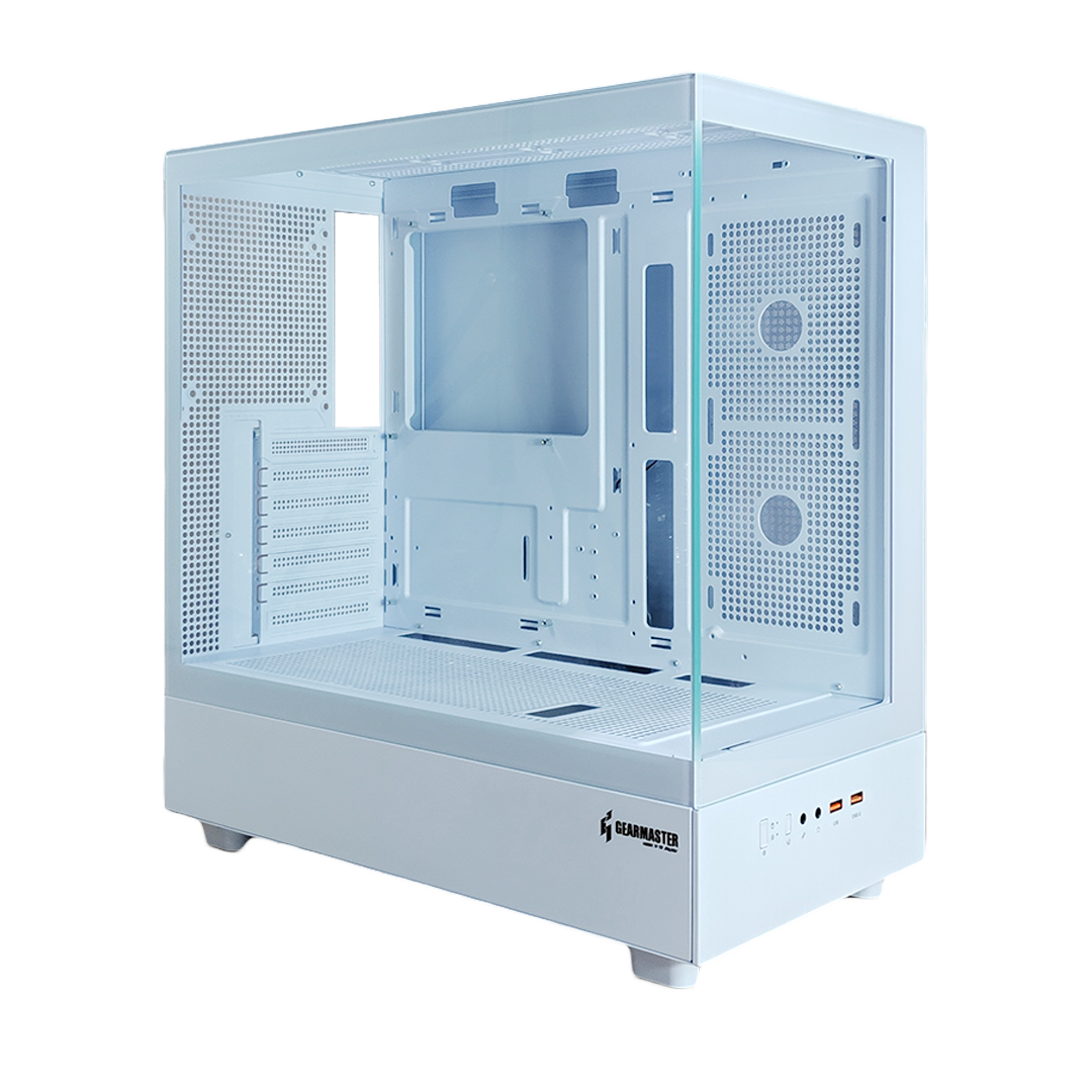 Boîtier PC GEARMASTER GM26 blanc avec vitre latérale en verre trempé et grand espace intérieur pour gaming