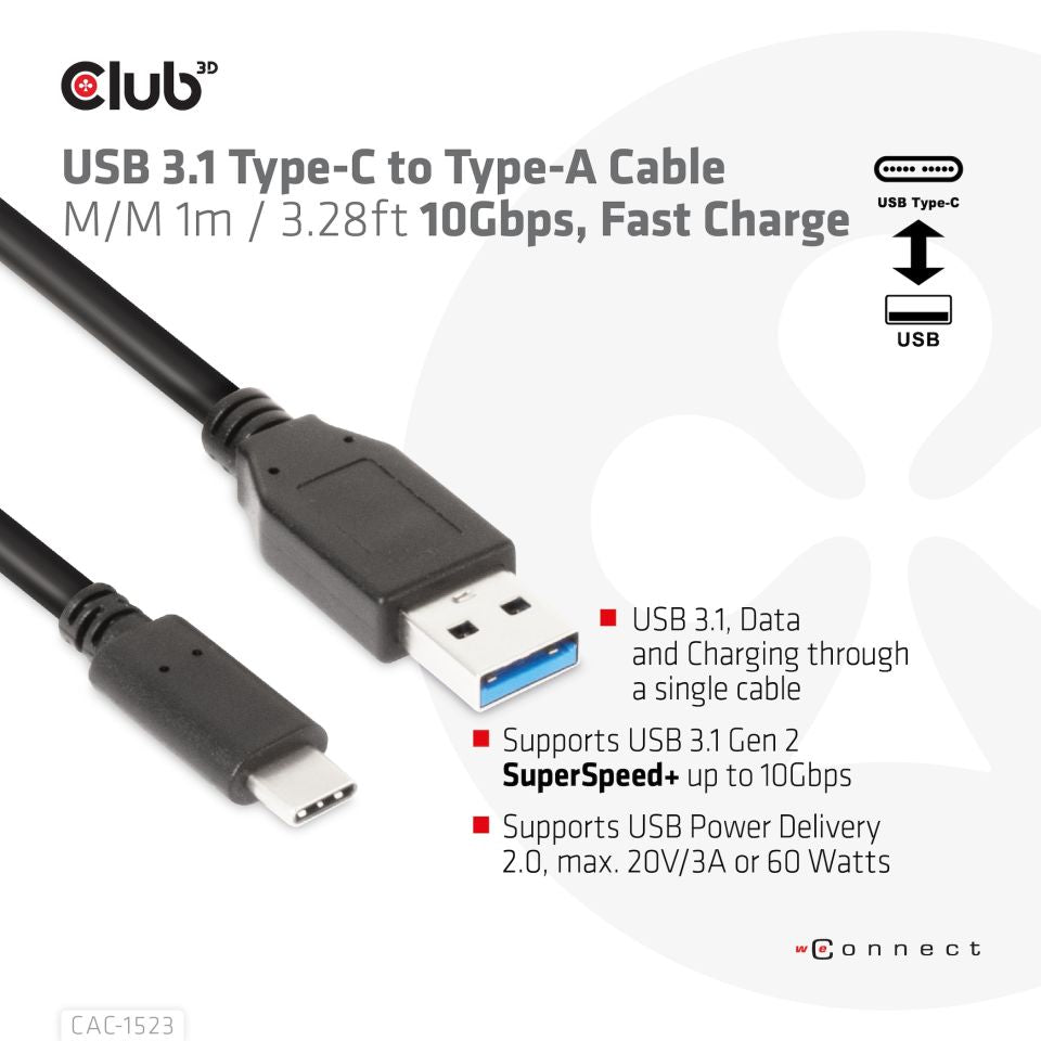 CABLE CLUB 3D CAC-1523 -  USB TYPE C 3.1 GEN 2 MALE (10GBPS) TO TYPE A MALE CABLE 1METER / 3.28FEET