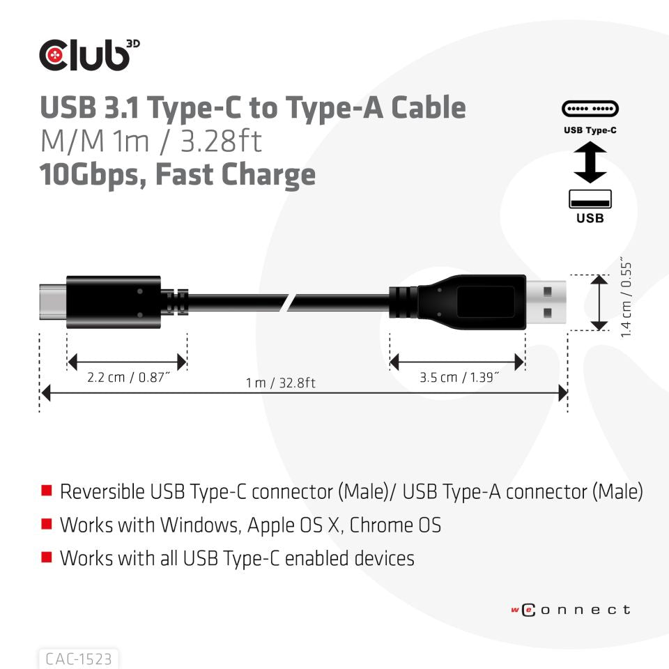CABLE CLUB 3D CAC-1523 -  USB TYPE C 3.1 GEN 2 MALE (10GBPS) TO TYPE A MALE CABLE 1METER / 3.28FEET