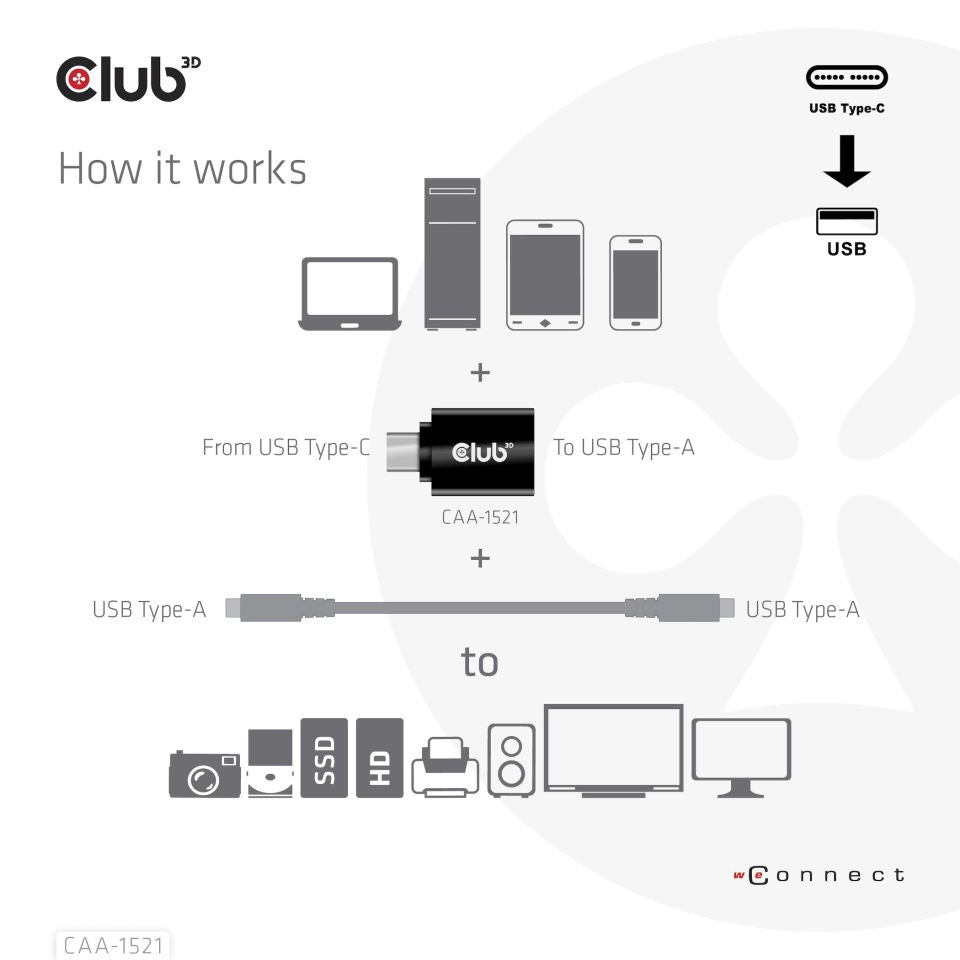 CABLE CLUB 3D CAA-1521 -  USB TYPE C 3.1 GEN 1 MALE TO USB 3.1 GEN 1 TYPE A FEMALE ADAPTER