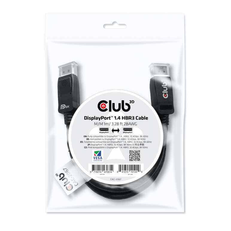 CABLE ADAPTATEUR CLUB 3D CAC-2067 - DISPLAYPORT™ 1.4 HBR3 CABLE MALE / MALE 1M/3.28FT.