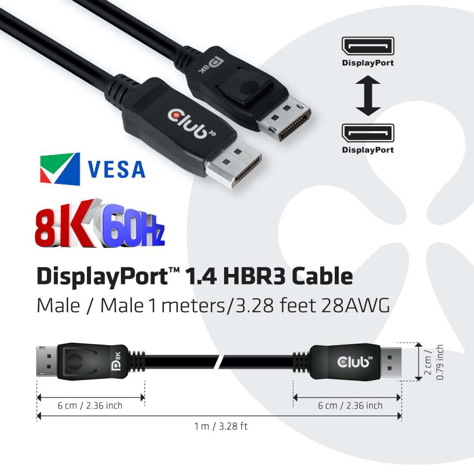 CABLE CLUB 3D CAC-2067 - DISPLAYPORT™ 1.4 HBR3 CABLE MALE / MALE 1M/3.28FT.