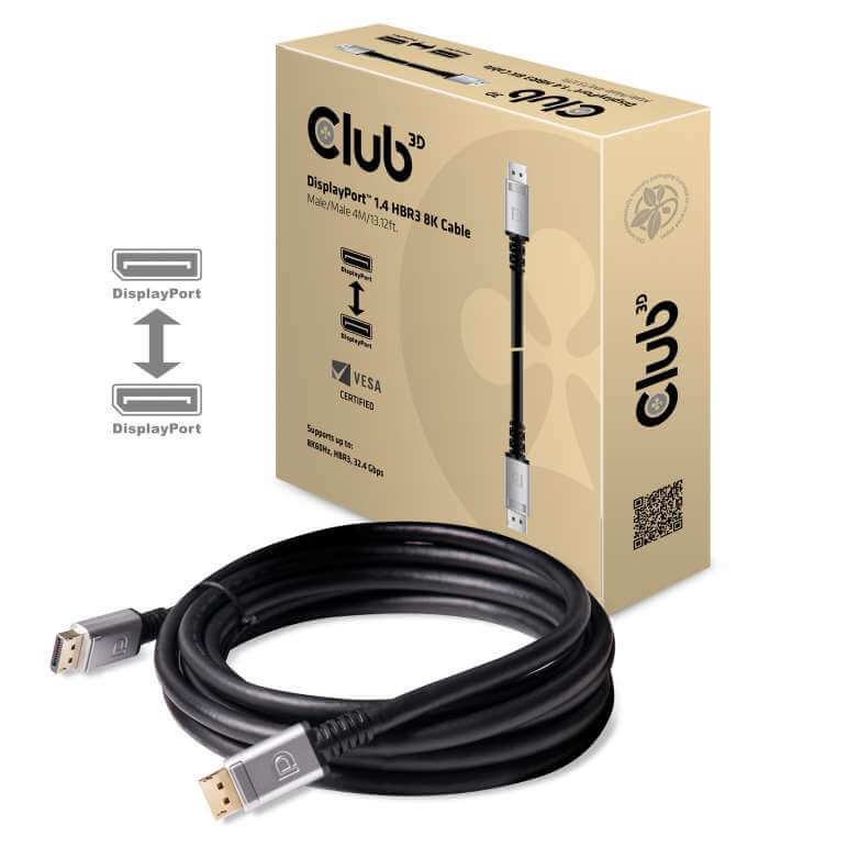 CABLE ADAPTATEUR CLUB 3D CAC-1069 - DISPLAYPORT™ 1.4 HBR3 CABLE MALE / MALE 4 METERS/13.12FT. 8K @60HZ 24AWG - SILVER CONNECTOR