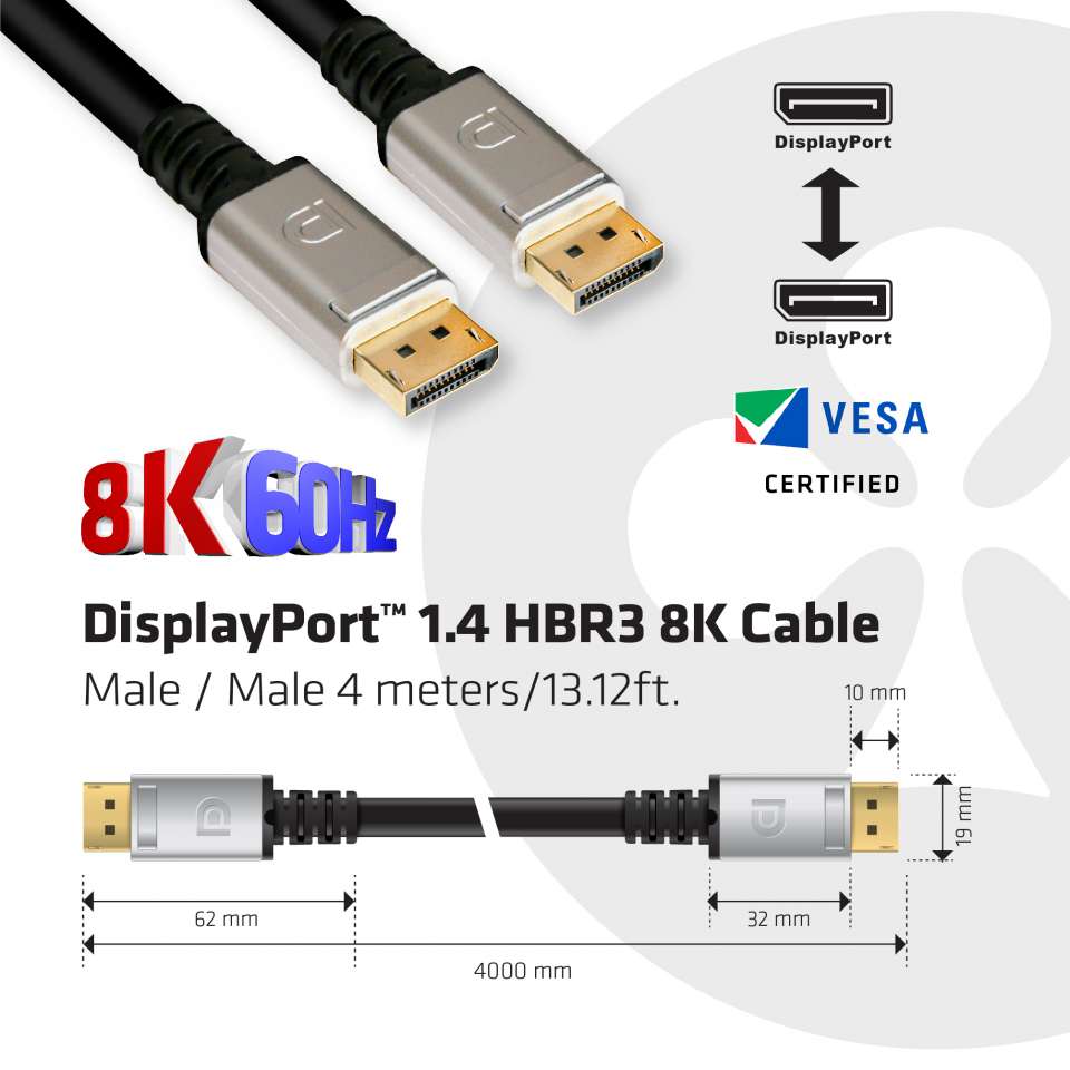 CABLE CLUB 3D CAC-1069 - DISPLAYPORT™ 1.4 HBR3 CABLE MALE / MALE 4 METERS/13.12FT. 8K @60HZ 24AWG - SILVER CONNECTOR