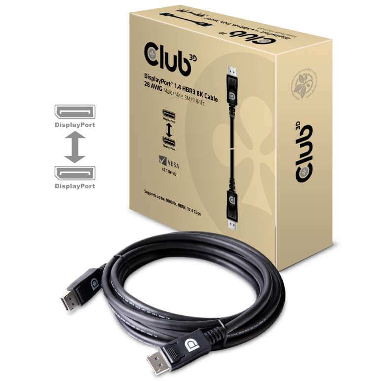 CABLE ADAPTATEUR CLUB 3D CAC-1060 -  DISPLAYPORT™ 1.4 HBR3 CABLE MALE / MALE 3 METERS /9.84FT