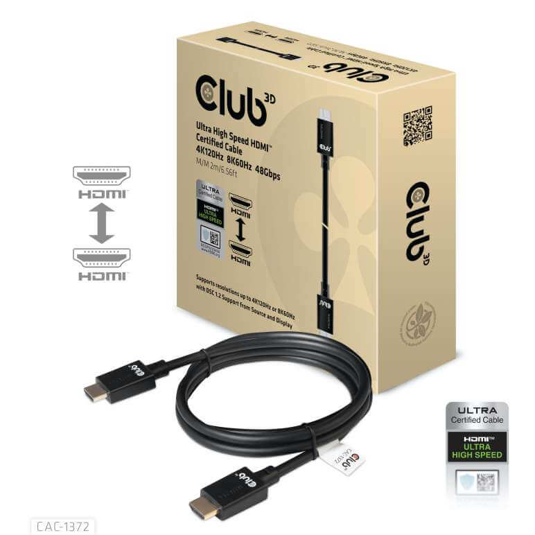 CABLE ADAPTATEUR CLUB 3D CAC-1372 - HDMI 2.1 MALE TO HDMI 2.1 MALE ULTRA HIGH SPEED 4K 120Hz 8K60HZ 2M/ 6.56FT