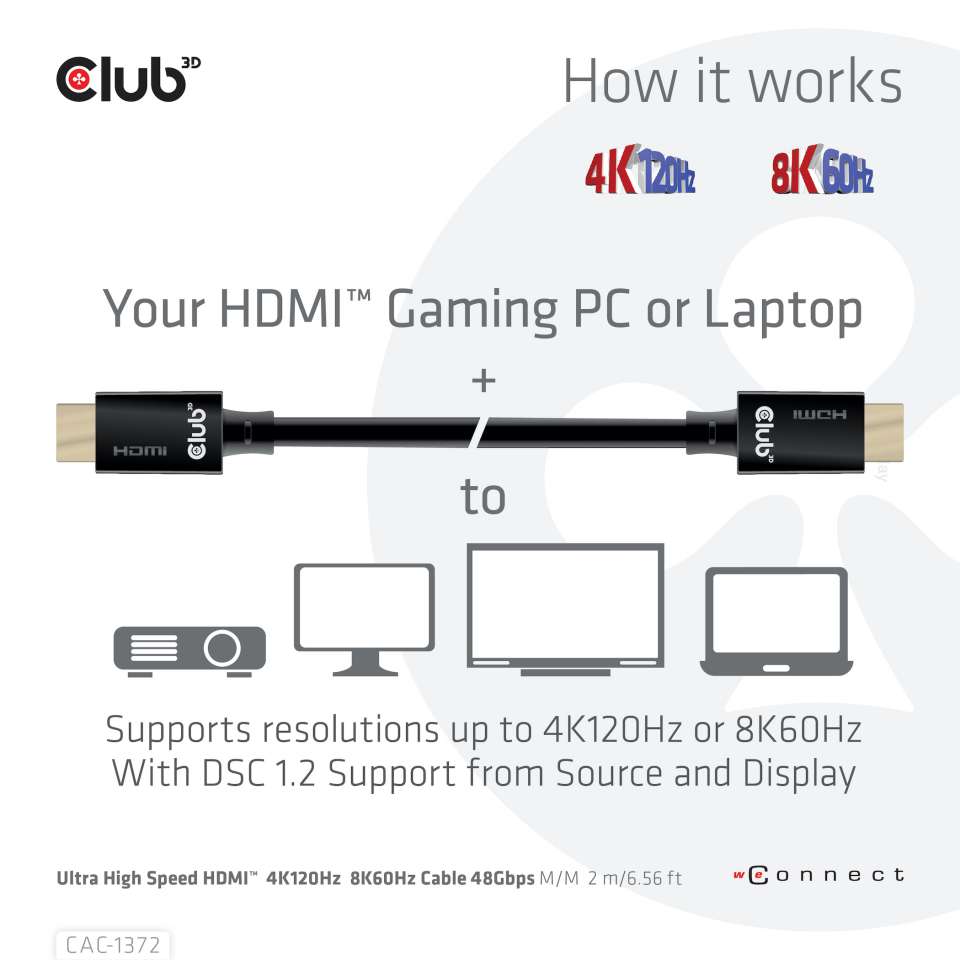 CABLE CLUB 3D CAC-1372 - HDMI 2.1 MALE TO HDMI 2.1 MALE ULTRA HIGH SPEED 4K 120Hz 8K60HZ 2M/ 6.56FT