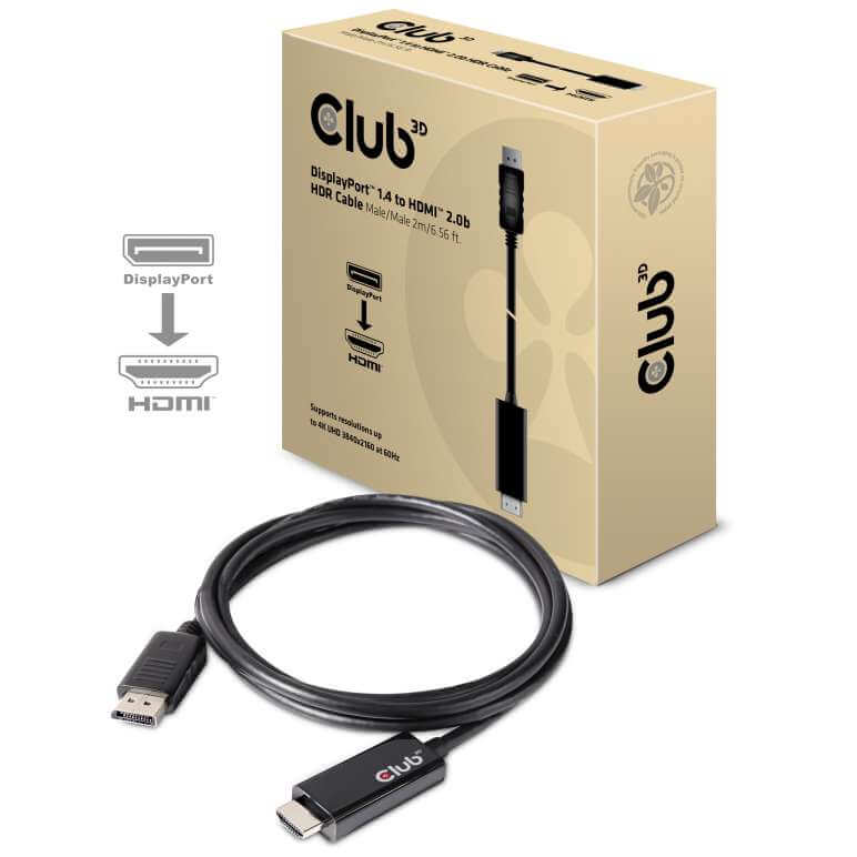 CABLE ADAPTATEUR CLUB 3D CAC-1082 -  DISPLAY PORT 1.4 CABLE MALE TO HDMI 2.0B MALE 4K 60HZ HDR 2METERS /6.56FT