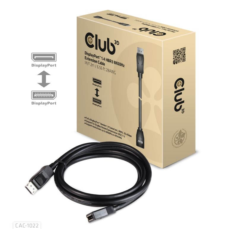 CABLE ADAPTATEUR CLUB 3D CAC-1022 - DISPLAYPORT 1.4 HBR3 EXTENSION CABLE 8K60HZ M/F 2M /6.56FT