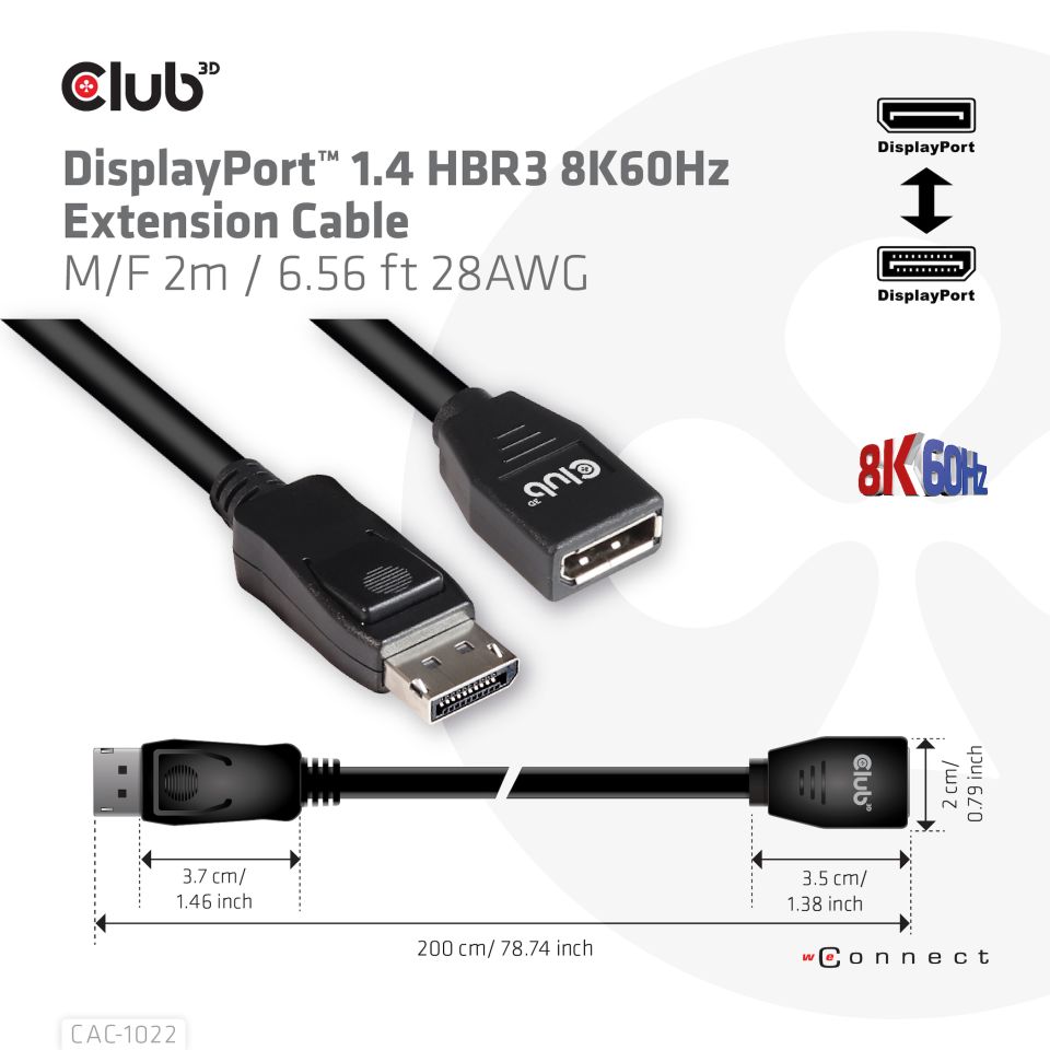 CABLE CLUB 3D CAC-1022 - DISPLAYPORT 1.4 HBR3 EXTENSION CABLE 8K60HZ M/F 2M /6.56FT