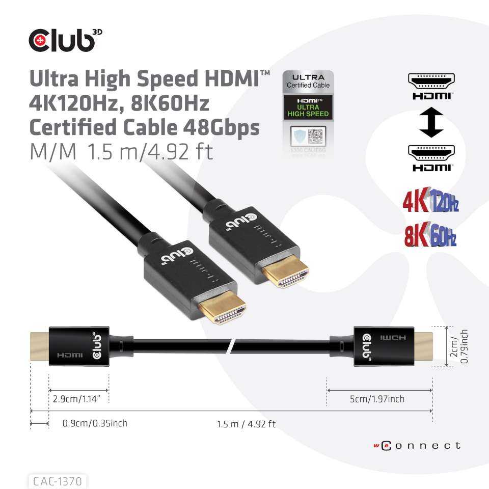 CAC-1370 - HDMI 2.1 MALE TO HDMI 2.1 MALE ULTRA HIGH SPEED 4K 120Hz 8K60HZ 1.5m/