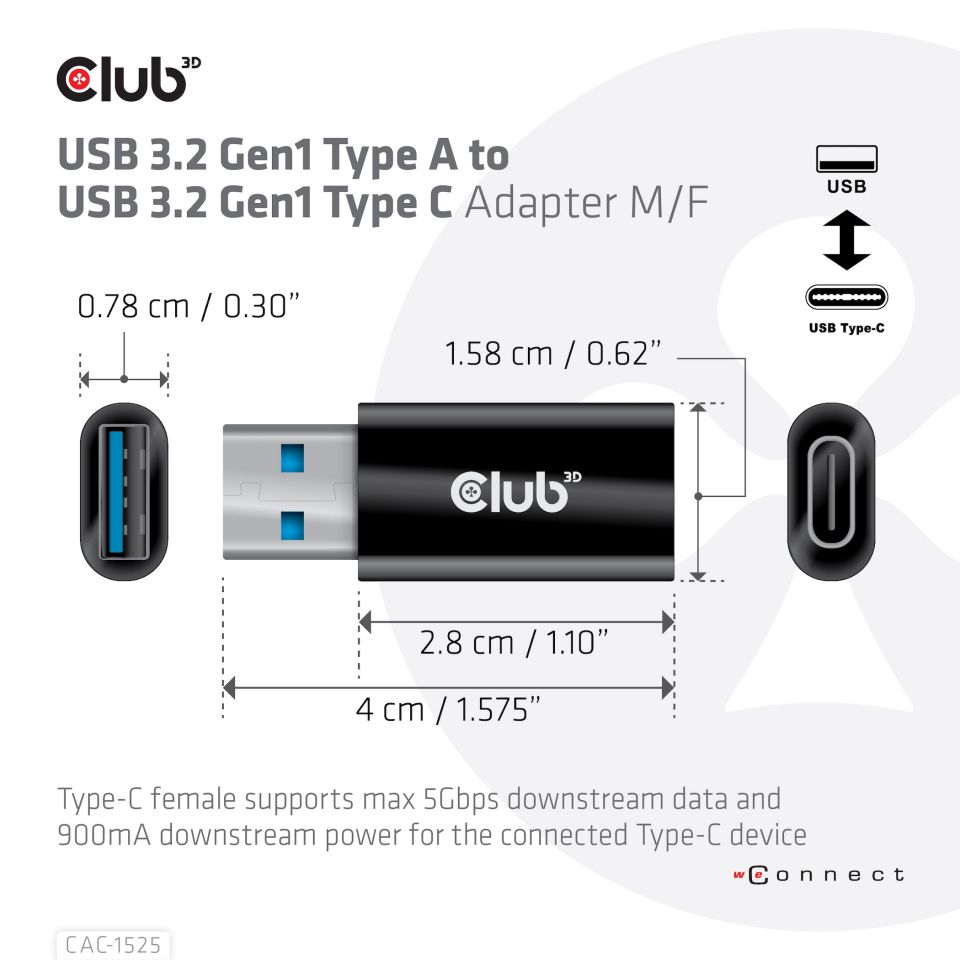 CABLE CLUB 3D CAC-1525 - ] USB TYPE C 3.2 GEN 1 FEMALE TO USB 3.2 GEN 1 TYPE A FEMALE ADAPTER