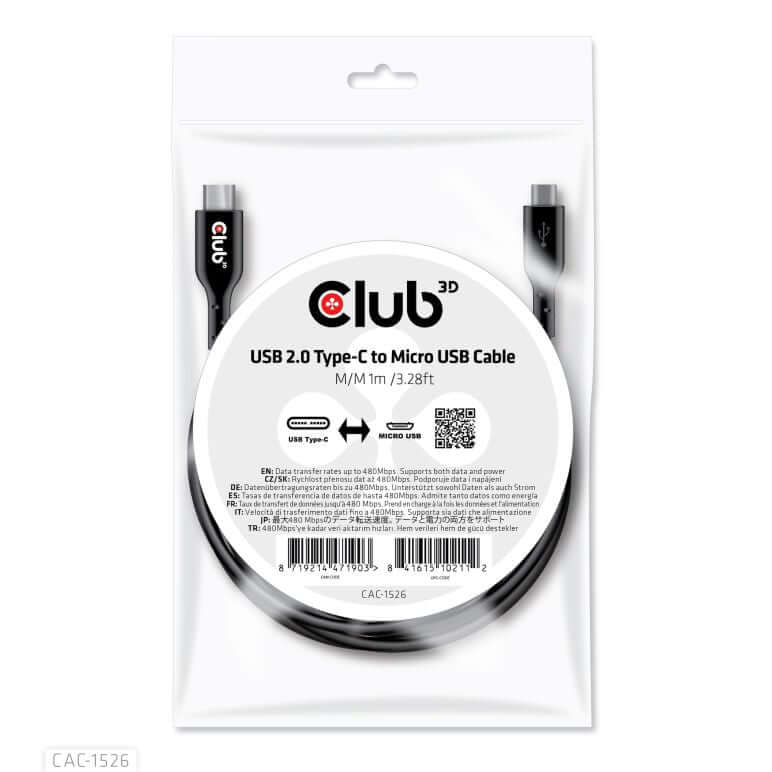 CABLE ADAPTATEUR ADAPTATEUR CLUB 3D CAC-1526 - USB TYPE C MALE TO USB MICRO MALE CABLE 1 METER/3.28FEET