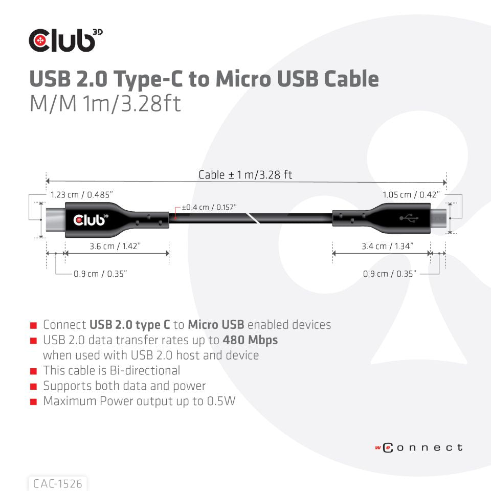 CABLE CLUB 3D CAC-1526 - USB TYPE C MALE TO USB MICRO MALE CABLE 1 METER/3.28FEET