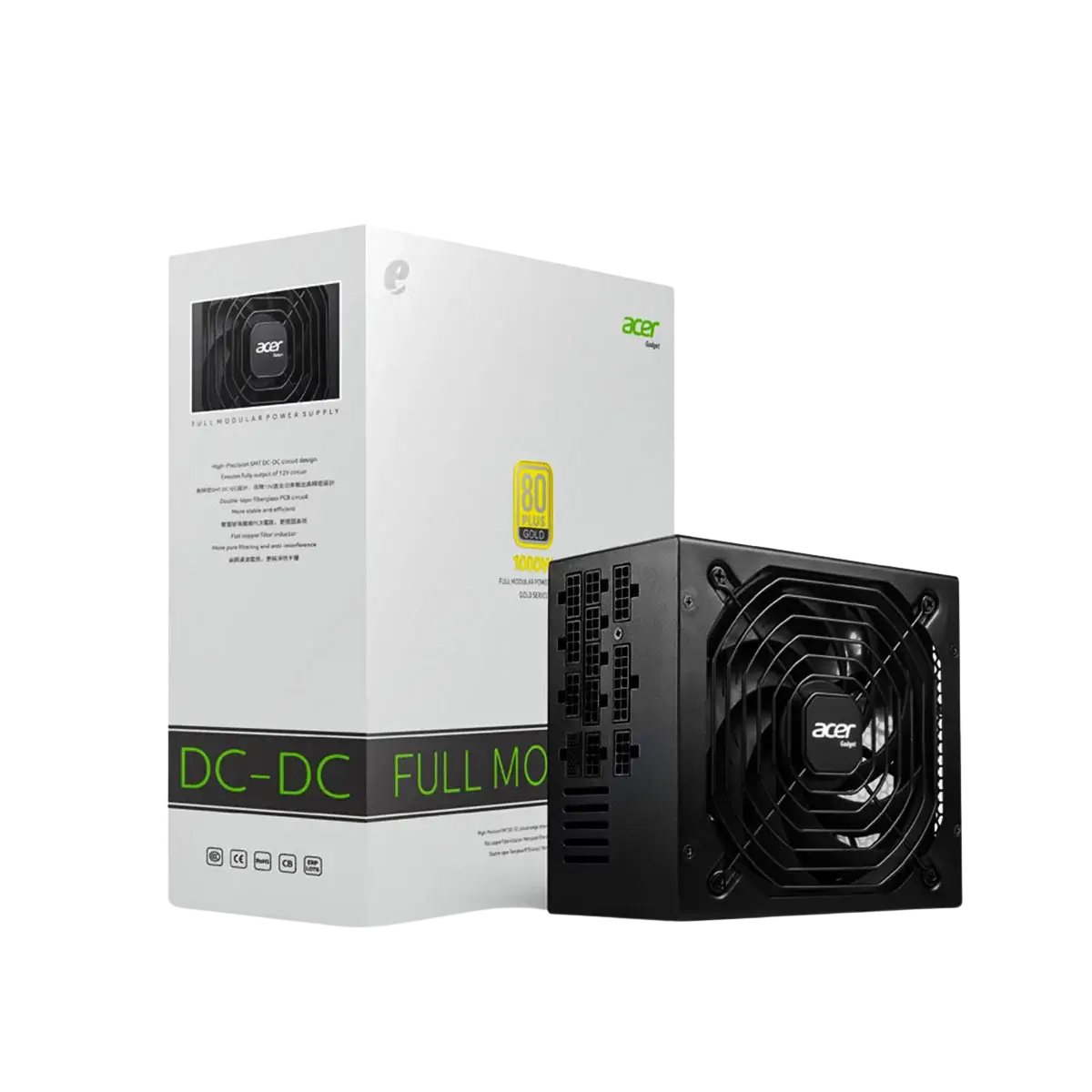 Packaging officiel de l’alimentation ACER 1000W 80+ Gold Full Modular Black, certifiée 80+ Gold pour un rendement énergétique supérieur et des performances fiables.