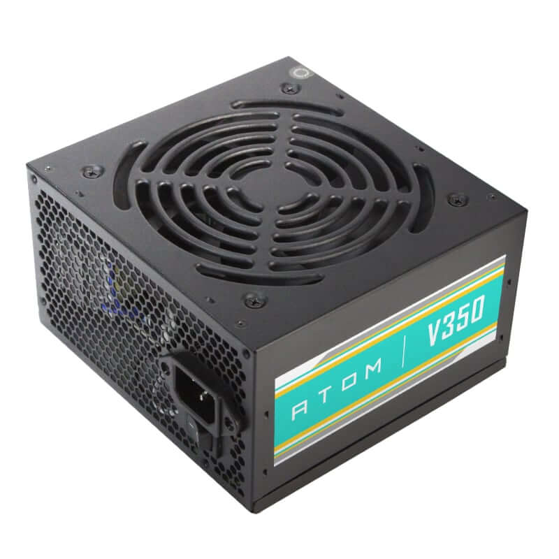 Vue avant de l’alimentation PC ANTEC ATOM V350 350W, équipée d’un ventilateur de refroidissement silencieux garantissant stabilité et longévité pour vos configurations bureautiques