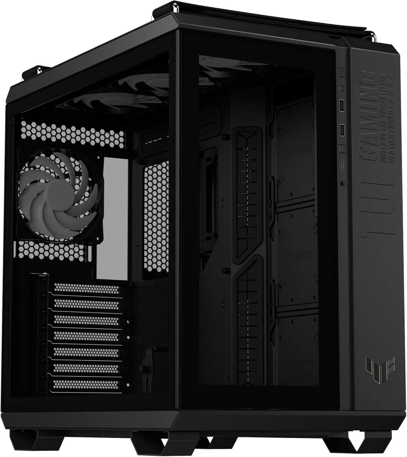 Boîtier ASUS TUF GT502 PLUS TG Black avec 4 ventilateurs ARGB et double chambre, design gaming robuste, disponible en Algérie.