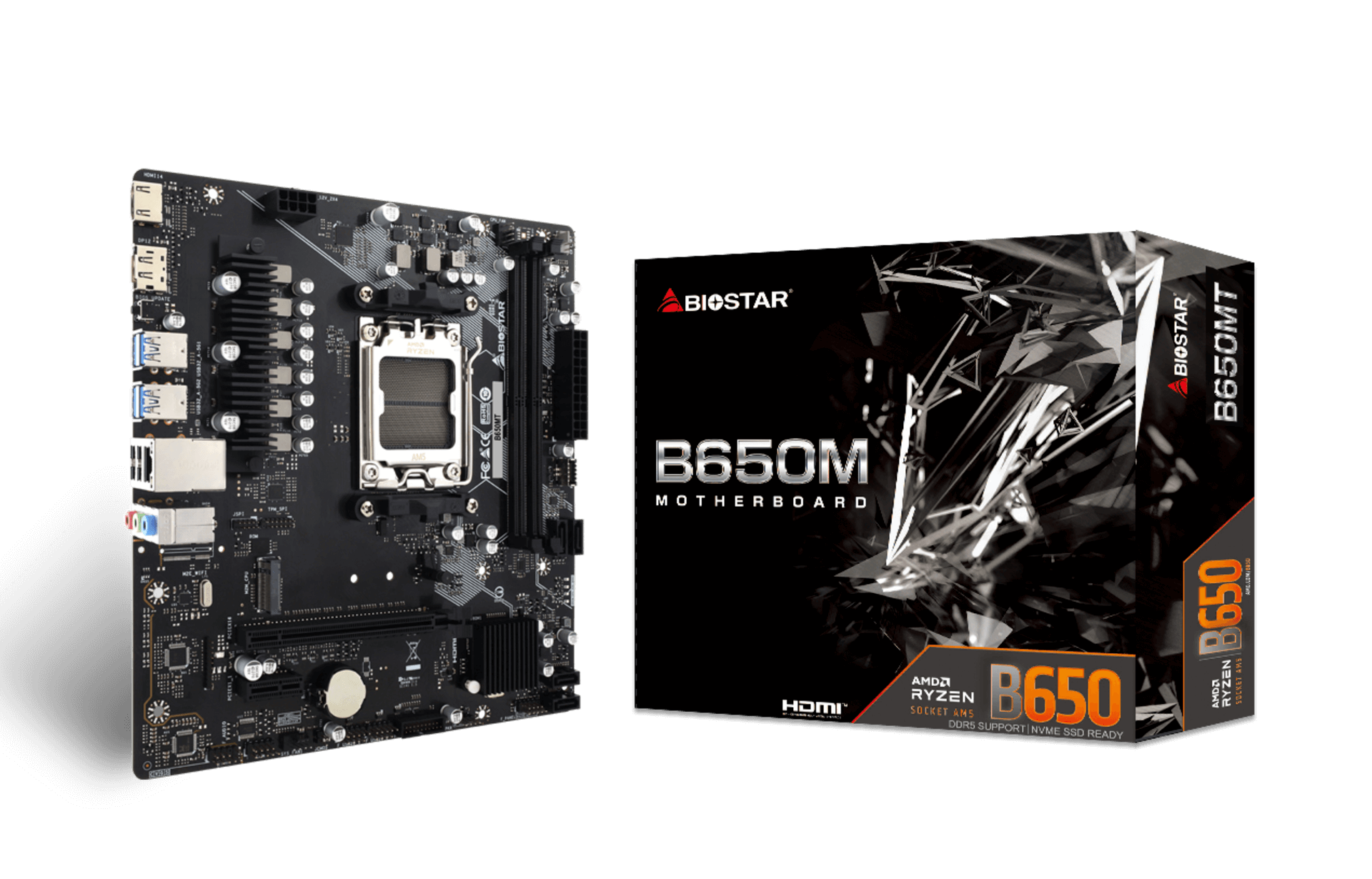 Emballage officiel de la carte mère BIOSTAR B650 MT AM5 DDR5, assurant un produit certifié et protégé pour le marché algérien.