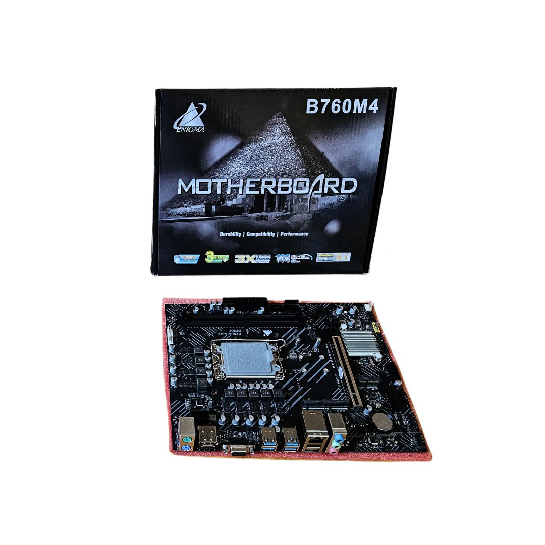 Carte mère ENIGMA B760M4 DDR4 LGA1700 Micro-ATX avec PCIe 4.0 et compatibilité Intel 12ᵉ / 13ᵉ / 14ᵉ génération.