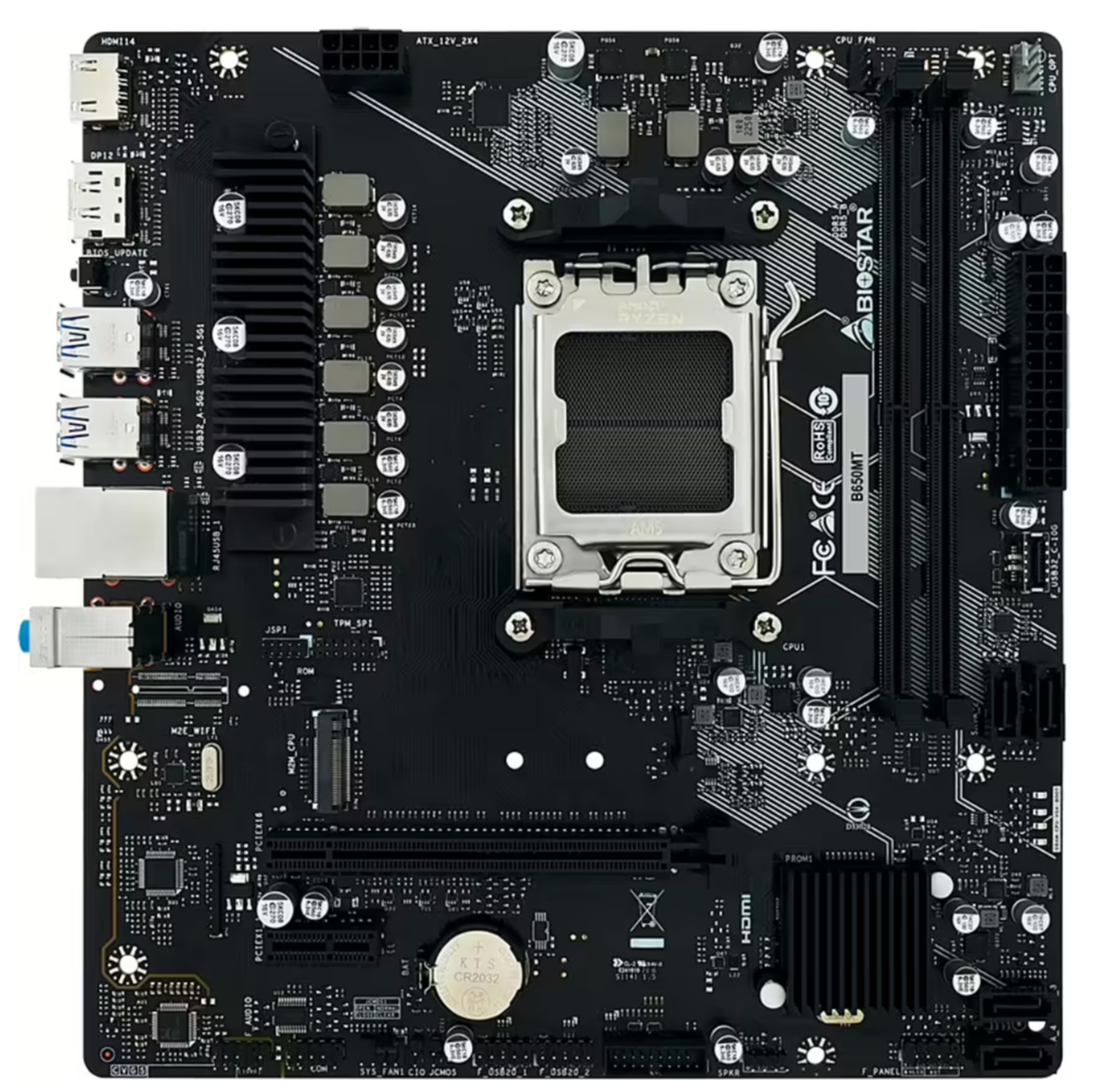 Vue complète de la carte mère BIOSTAR B650 MT AM5, compatible avec les processeurs AMD Ryzen série 7000, équipée du socket AM5 et supportant la mémoire DDR5 pour des performances gaming et professionnelles en Algérie.