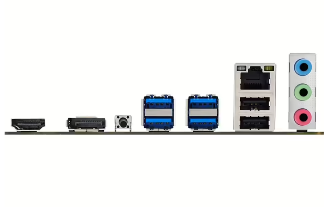 Panneau arrière de la carte mère BIOSTAR B650 MT avec ports HDMI, DisplayPort, USB 3.2, LAN et audio HD, offrant une connectivité rapide et polyvalente pour les utilisateurs en Algérie.