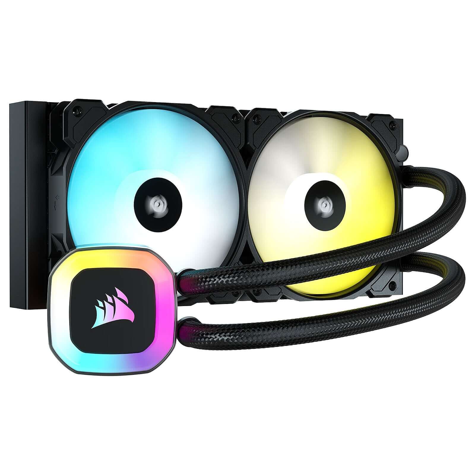 Watercooling Corsair H100 240ML RGB avec radiateur 240mm et deux ventilateurs 120mm.