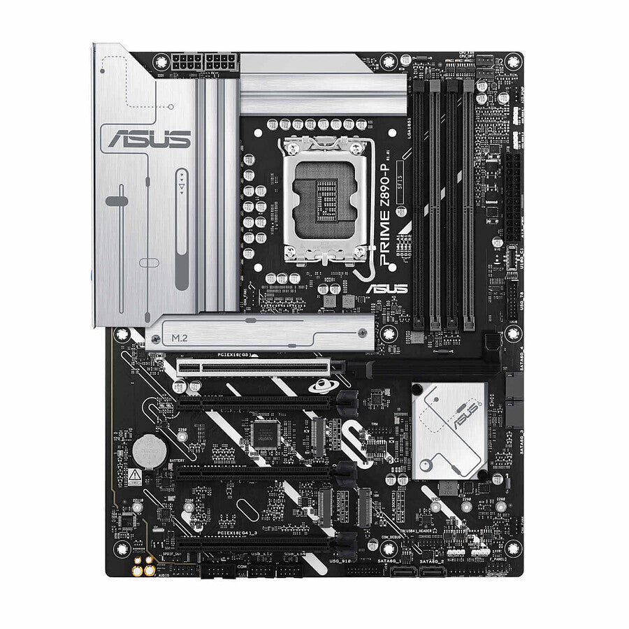Vue complète de la carte mère ASUS PRIME Z890-P équipée du socket LGA 1851, compatible processeurs Intel Core 14e génération, avec support DDR5, idéale pour des PC hautes performances en Algérie.