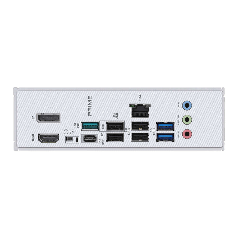 Panneau arrière de la carte mère ASUS PRIME Z890-P avec HDMI, DisplayPort, USB 3.2, LAN et audio, garantissant une connectivité avancée et fiable en Algérie.