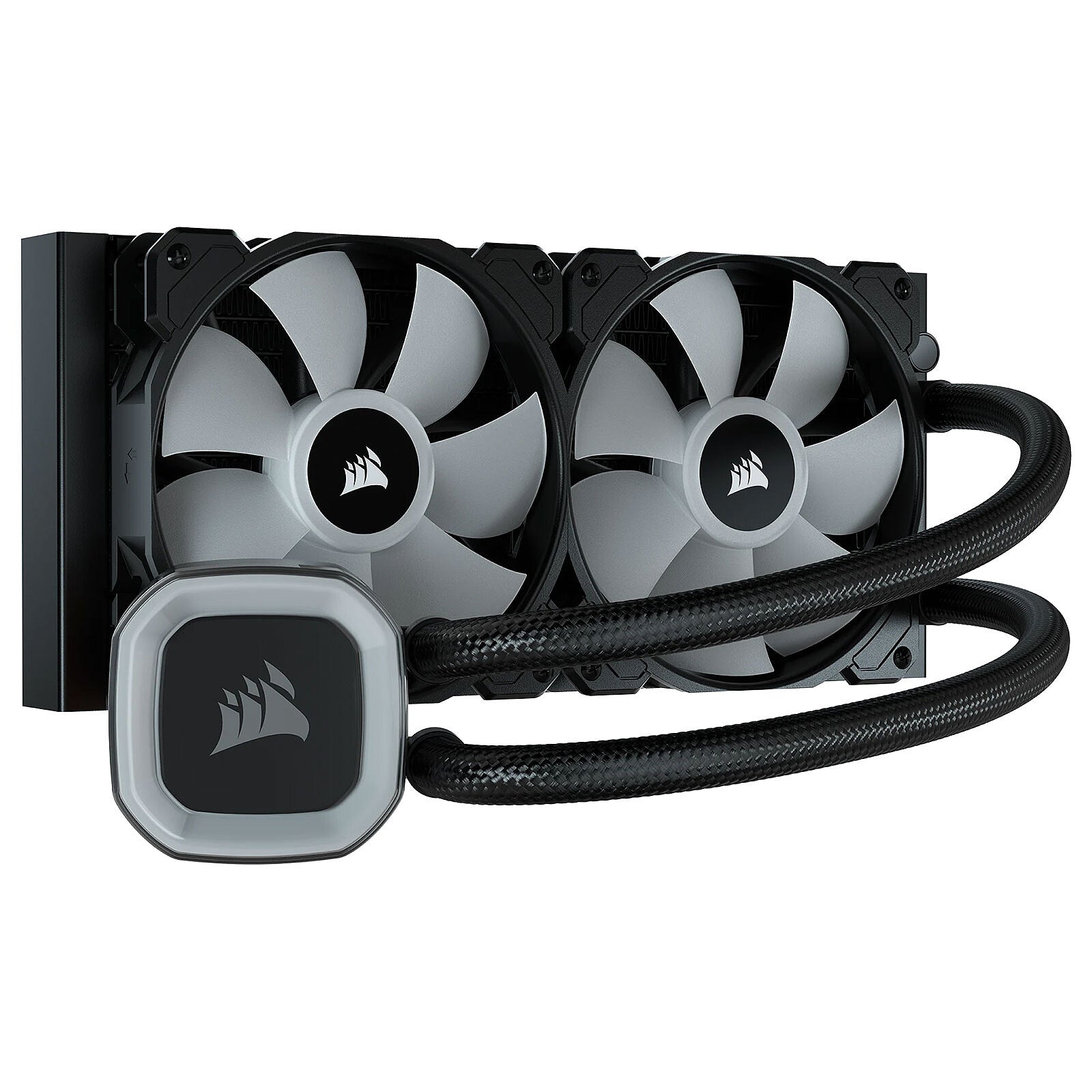 Bloc pompe et tuyaux renforcés du Watercooling Corsair H100 240ML RGB, finition noire.