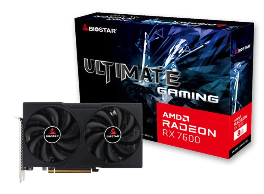 Carte graphique BIOSTAR RX 7600 8GB GDDR6 avec architecture RDNA 3 et double ventilateur, disponible en Algérie