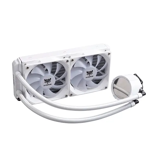 Watercooling Hybrok HL240W ARGB White avec radiateur 240mm et deux ventilateurs blancs éteints, design sobre et élégant, disponible en Algérie.