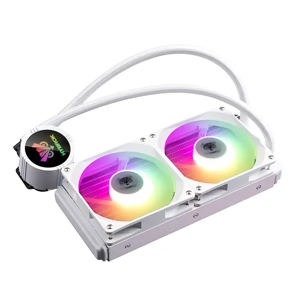 Watercooling Hybrok HL240W ARGB White avec radiateur 240mm et deux ventilateurs RGB blancs, monté dans une configuration gaming moderne, disponible en Algérie.