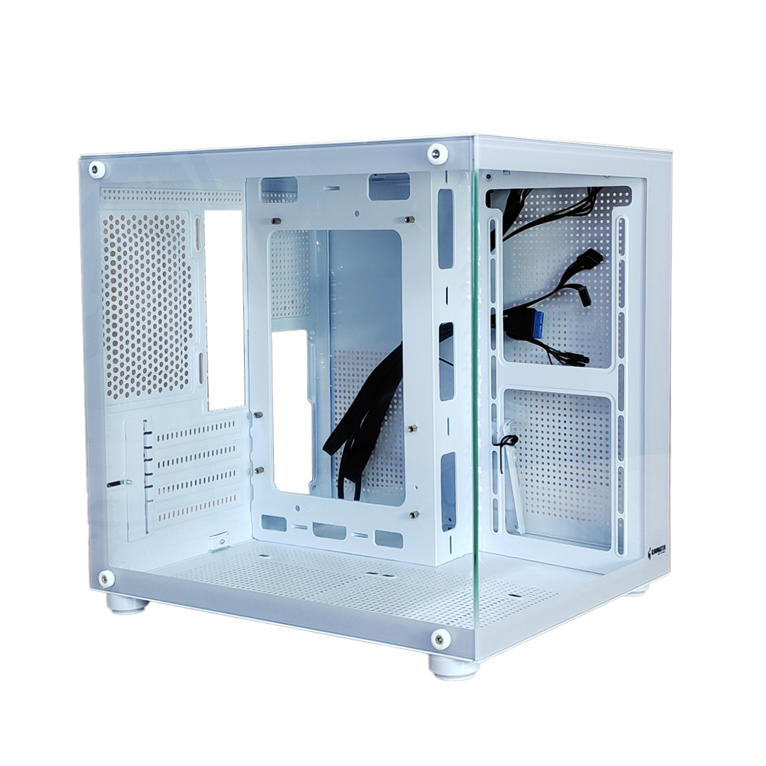 Boîtier PC GEARMASTER GM23 blanc avec panneau en verre trempé et design gaming élégant – Vue latérale
