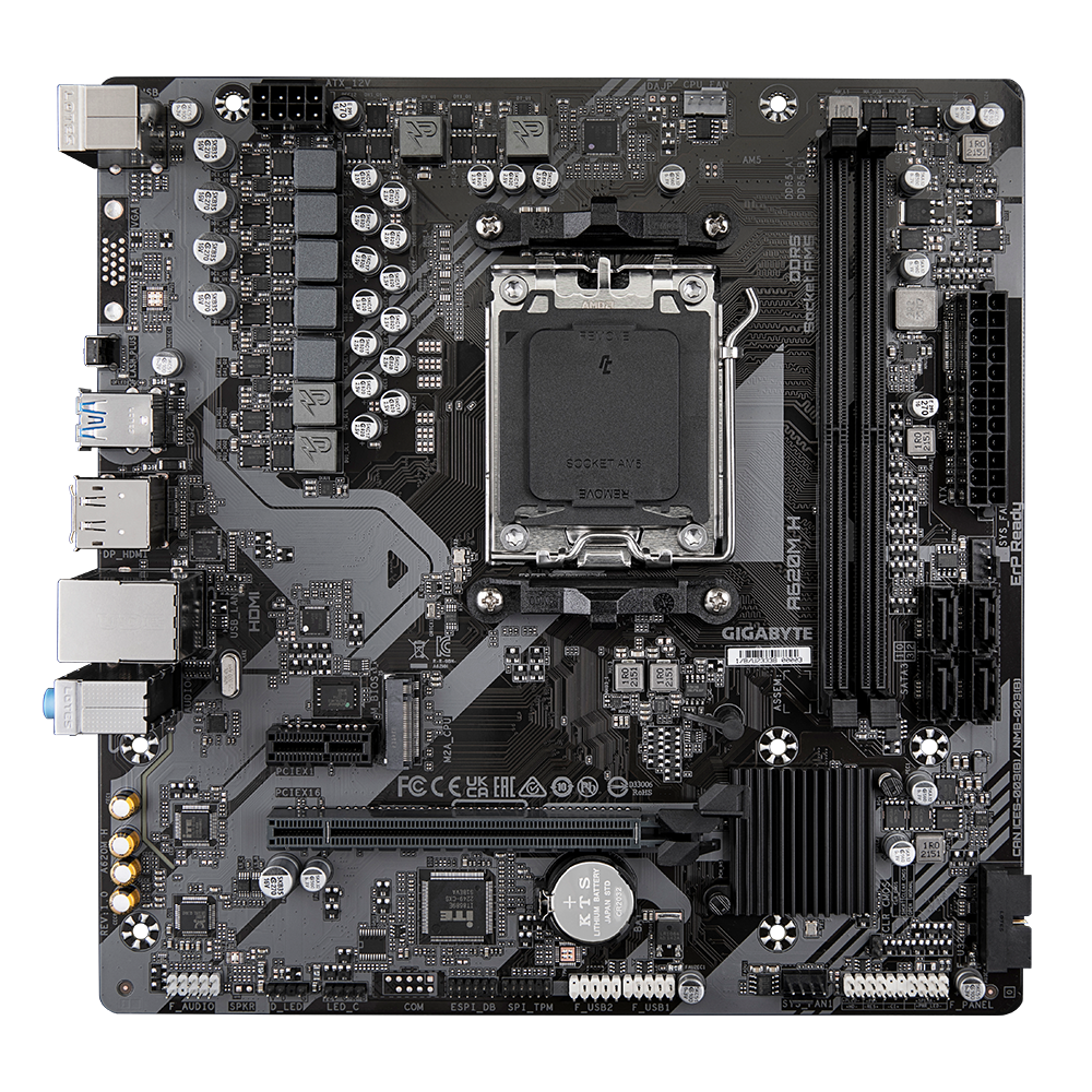 Vue complète de la carte mère GIGABYTE A620M H AM5 Rev 1.2, équipée du socket AM5, compatible avec les processeurs AMD Ryzen série 7000, idéale pour des configurations gaming et professionnelles en Algérie.