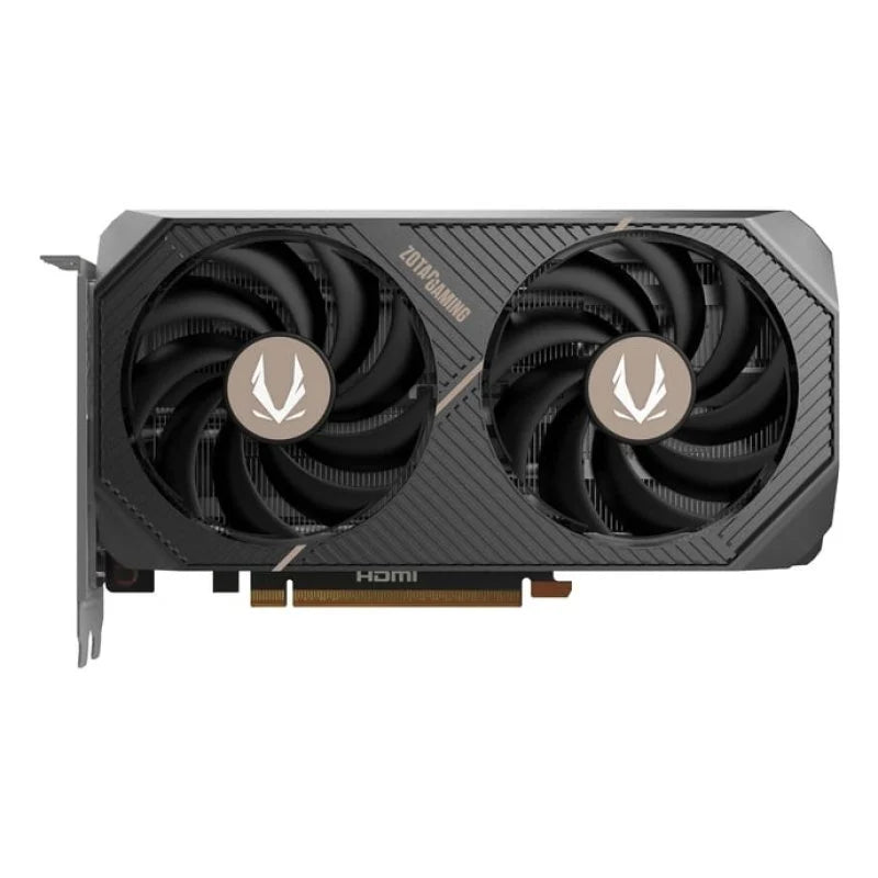 Gros plan sur le système de refroidissement Twin Edge à double ventilateur de la ZOTAC RTX 5060 Ti, garantissant une dissipation thermique efficace et silencieuse pour les gamers en Algérie.