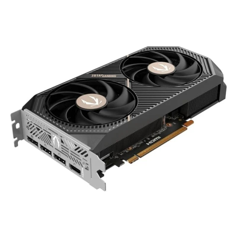 Vue complète de la carte graphique ZOTAC RTX 5060 Ti Twin Edge, équipée de 8 Go de mémoire GDDR7 et d’un bus 128-bit, offrant des performances gaming fluides et optimisées en 1080p et 1440p en Algérie.