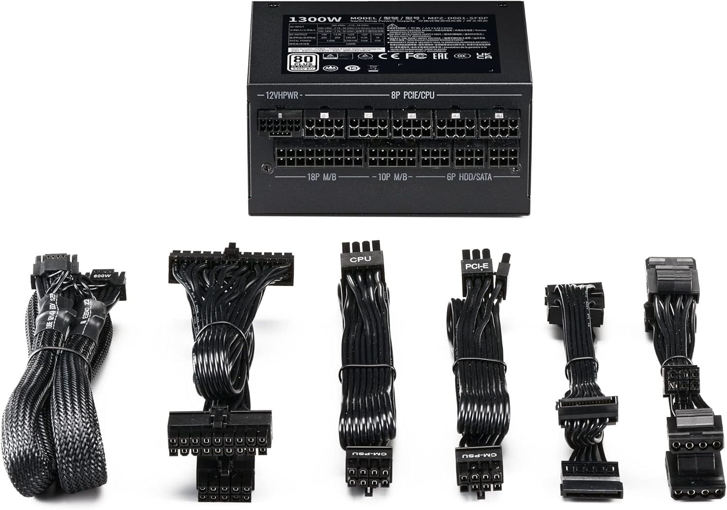 Câbles modulaires de l’alimentation Cooler Master V1300 1300W SFX, permettant une gestion propre et flexible du câblage pour PC compacts et performants.