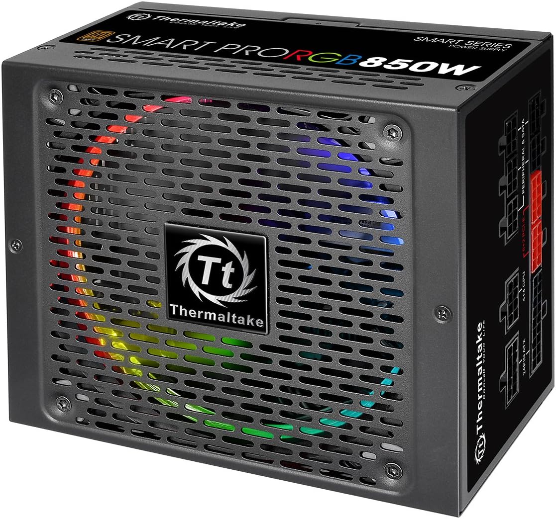 Bloc d’alimentation Thermaltake Smart Pro RGB 850W Full Modular au design gamer, certifié 80+ Bronze, alliant performance, efficacité énergétique et style RGB.