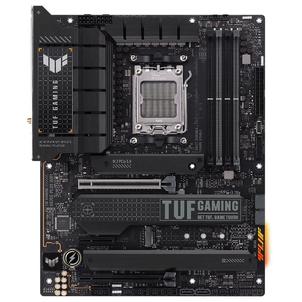 Vue complète de la carte mère ASUS X670E TUF GAMING PLUS équipée du socket AM5, compatible processeurs AMD Ryzen série 7000, supportant la mémoire DDR5 et le PCIe 5.0, parfaite pour le gaming haut de gamme en Algérie.