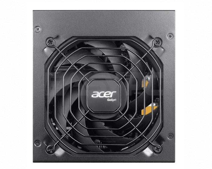 Vue avant de l’alimentation ACER 1000W 80+ Gold Full Modular Black, équipée d’un ventilateur silencieux haute performance pour un refroidissement optimal et une utilisation durable.